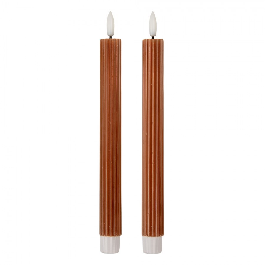 Set 2ks hnědá úzká svíčka s vroubkováním Led Candle - Ø 2*25 cm / 2*AAA