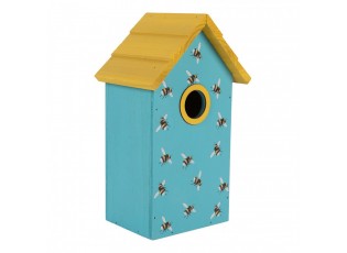 Modro-žlutá dřevěná ptačí budka se včelkami Birdhouse - 15*10*22 cm