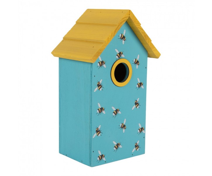 Modro-žlutá dřevěná ptačí budka se včelkami Birdhouse - 15*10*22 cm Clayre & Eef