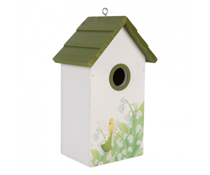 Zeleno-bílá dřevěná ptačí budka s konvalinkami Birdhouse - 15*10*22 cm Clayre & Eef