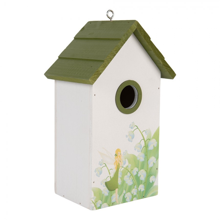 Zeleno-bílá dřevěná ptačí budka s konvalinkami Birdhouse - 15*10*22 cm