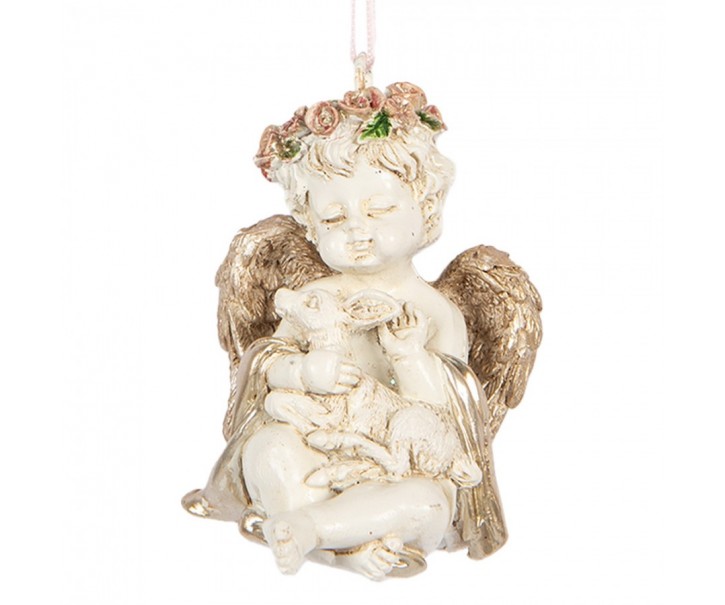 Béžovo-zlatá antik vánoční závěsná dekorace andílek Angel - 5*4*6 cm Clayre & Eef