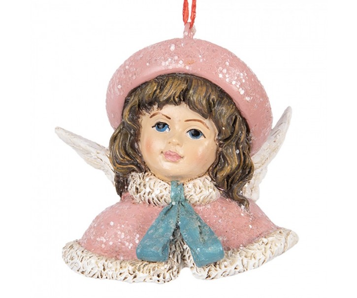 Růžová vánoční závěsná dekorace andílek Angel - 8*7*7 cm Clayre & Eef
