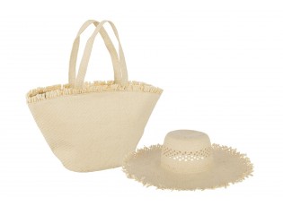 Set béžový plážový klobouk a taška Beach - Ø 47*12cm 56cm / 38*17*35/ 60cm