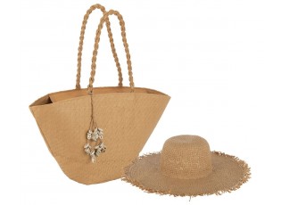 Set béžový plážový klobouk a taška Beach - Ø 47*12cm 56cm / 58*16*33/ 60cm