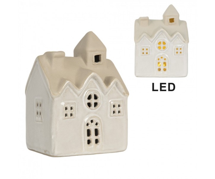 Béžový keramický svítící LED domek kostel - 9*6*12 cm Clayre & Eef