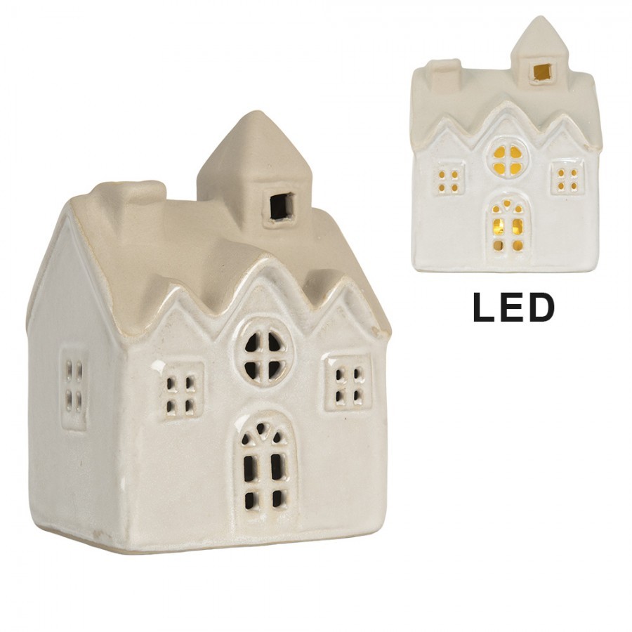Béžový keramický svítící LED domek kostel - 9*6*12 cm