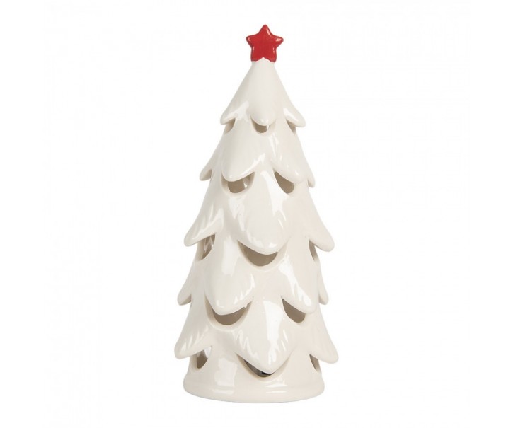 Bílý keramický LED stromeček s červenou hvězdou - Ø 9*19 cm Clayre & Eef