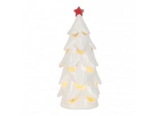 Bílý keramický LED stromeček s červenou hvězdou - Ø 9*19 cm
