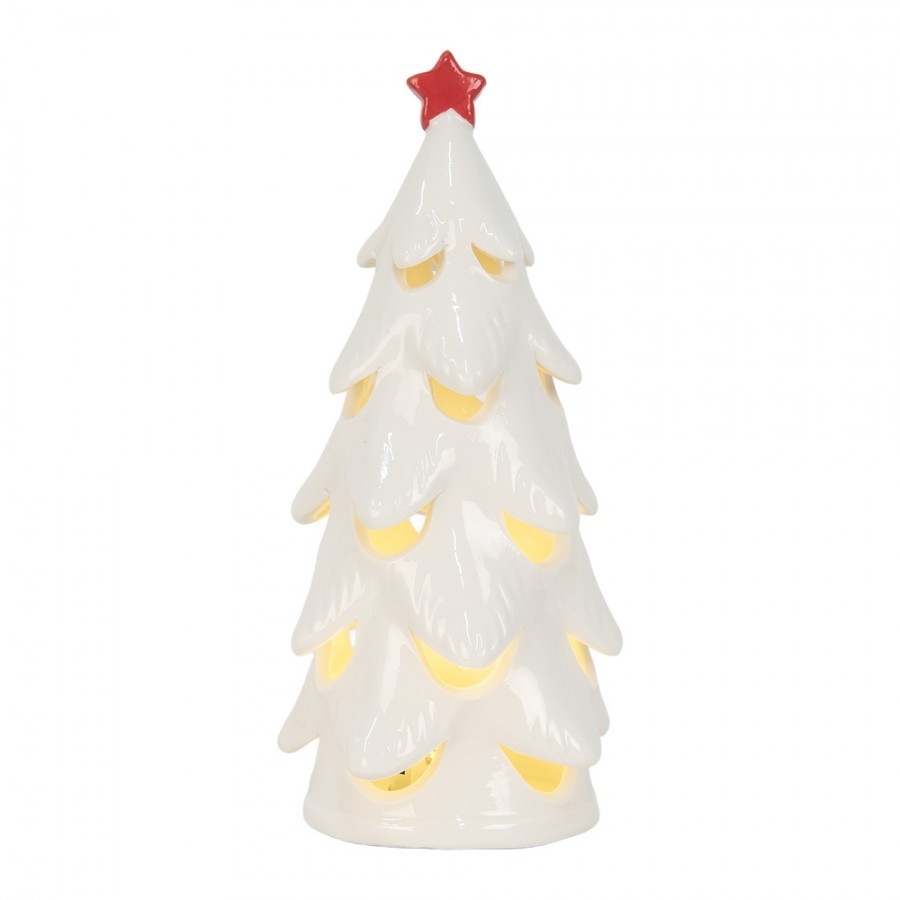 Bílý keramický LED stromeček s červenou hvězdou - Ø 9*19 cm