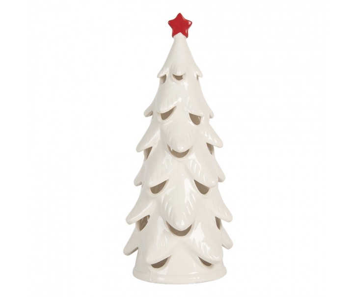 Bílý keramický LED stromeček s červenou hvězdou - Ø 11*25 cm Clayre & Eef