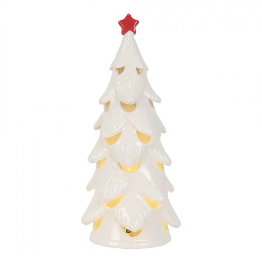 Bílý keramický LED stromeček s červenou hvězdou - Ø 11*25 cm