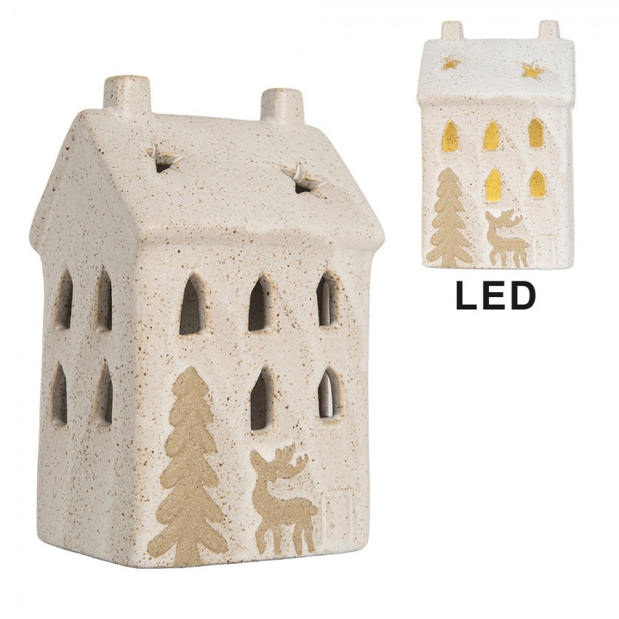 Decorative House With LED 9x7x15 Cm Beige Ceramic - 9.0 cm