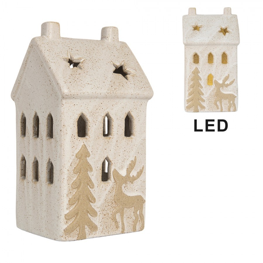 Decorative House With LED 10x9x18 Cm Beige Ceramic - 10.0 cm