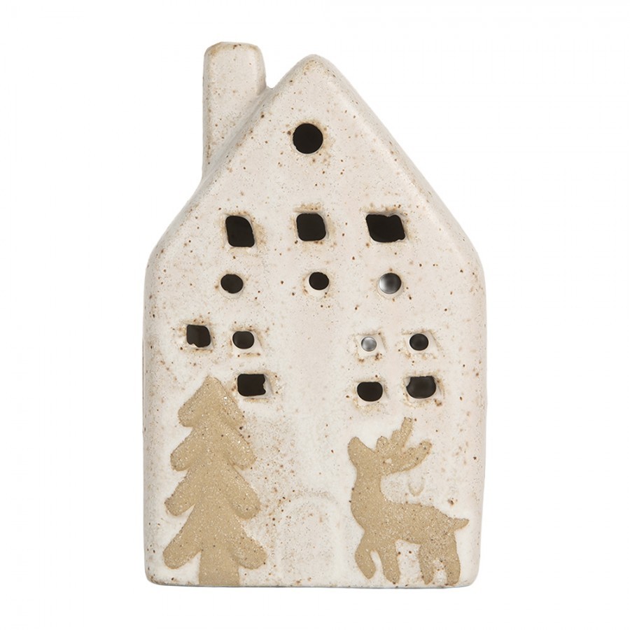 Decorative House With LED 6x5x10 Cm Beige Ceramic - 6.0 cm