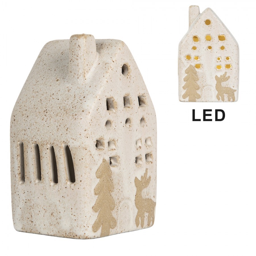 Decorative House With LED 6x5x10 Cm Beige Ceramic - 6.0 cm