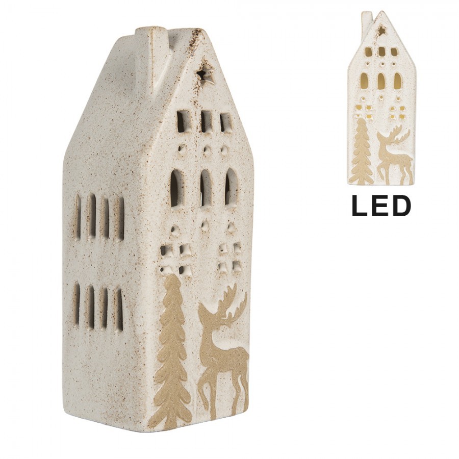 Decorative House With LED 7x6x19 Cm Beige Ceramic - 7.0 cm