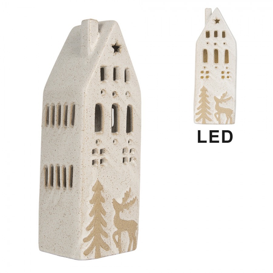 Decorative House With LED 9x7x24 Cm Beige Ceramic - 9.0 cm