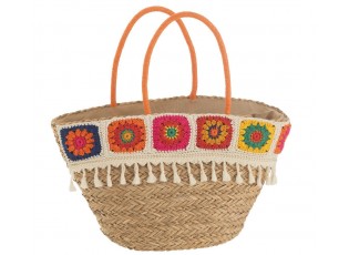 Plážový košík s háčkovaným květovaným okrajem Croche - 59*18*30 cm