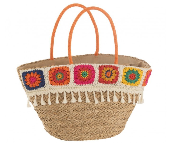 Plážový košík s háčkovaným květovaným okrajem Croche - 59*18*30 cm J-Line by Jolipa