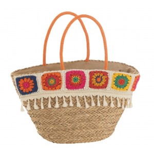 Plážový košík s háčkovaným květovaným okrajem Croche - 59*18*30 cm