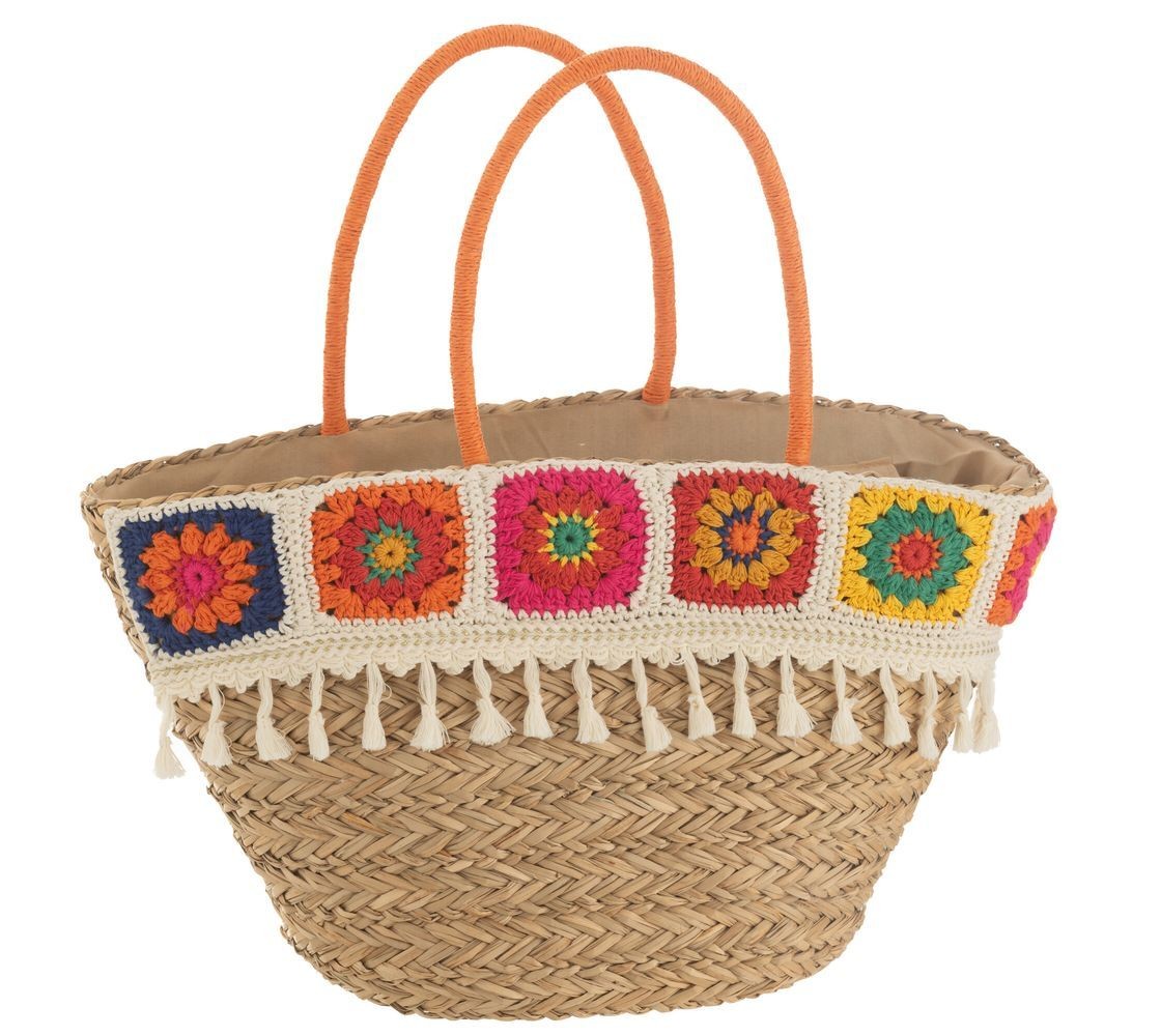 Plážový košík s háčkovaným květovaným okrajem Croche - 59*18*30 cm