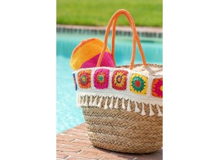 Plážový košík s háčkovaným květovaným okrajem Croche - 59*18*30 cm