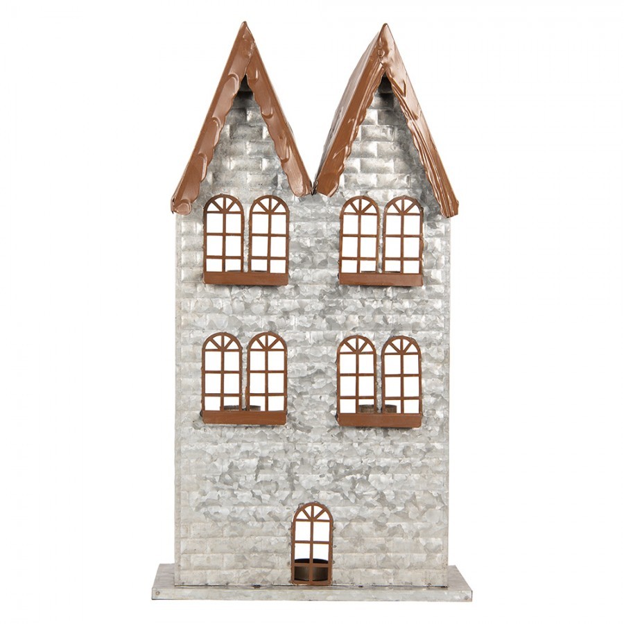 Šedý antik kovový svícen domek na 5 čajových svíček Gian - 30*13*54 cm