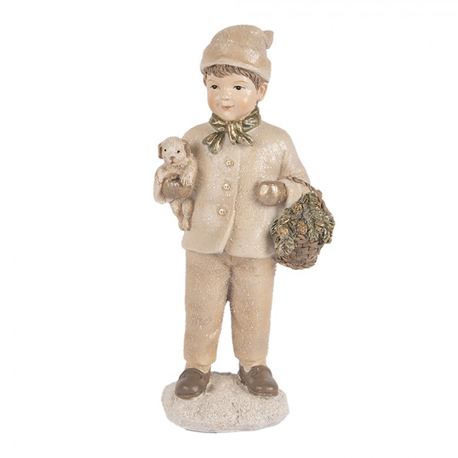 Béžová dekorace chlapec s pejskem a košíčkem - 9*7*18 cm