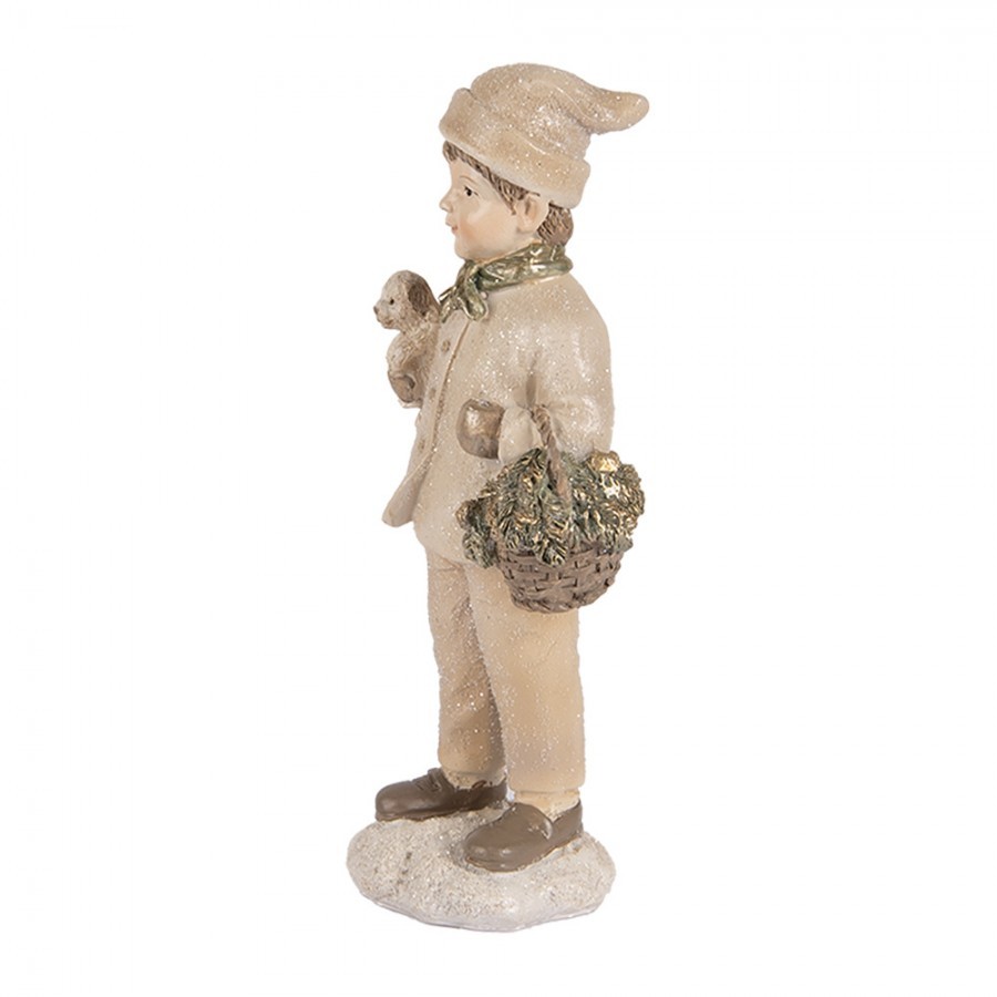 Béžová dekorace chlapec s pejskem a košíčkem - 9*7*18 cm