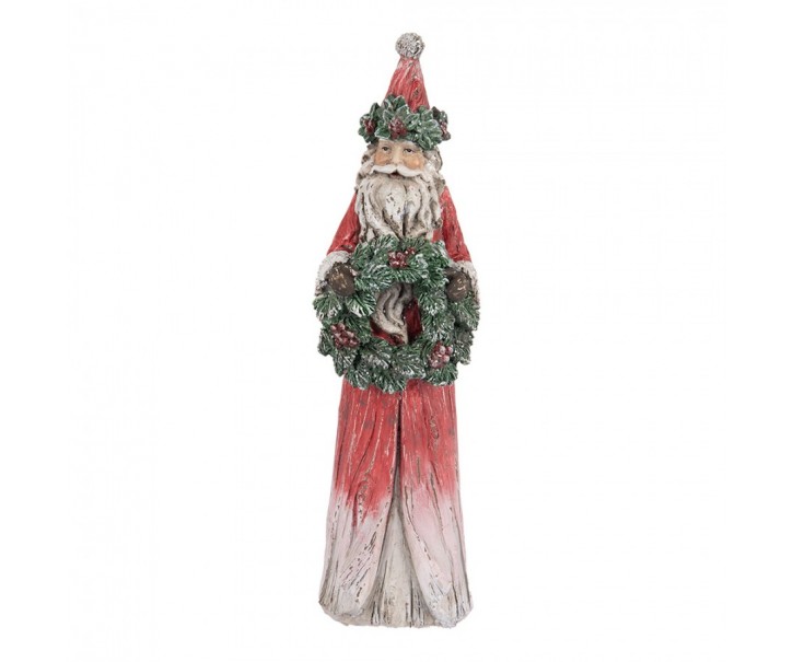 Červeno-zelená vánoční dekorace Santa s věnečkem - 7*6*24 cm Clayre & Eef