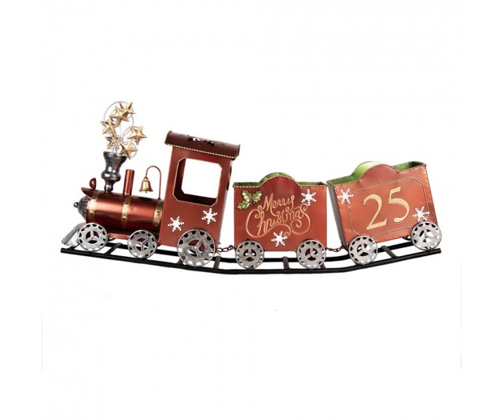 Červená kovová dekorace vláček na kolejích Christmas Train - 79*15*37 cm Clayre & Eef