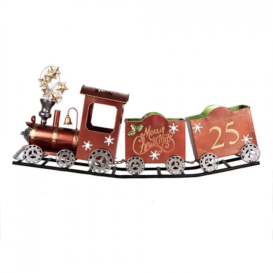 Červená kovová dekorace vláček na kolejích Christmas Train - 79*15*37 cm