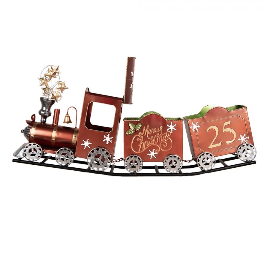 Červená kovová dekorace vláček na kolejích Christmas Train - 79*15*37 cm