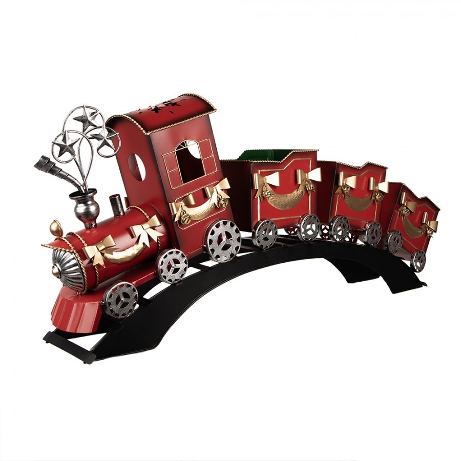 Červená kovová dekorace vláček na kolejích Christmas Train - 108*18*44 cm