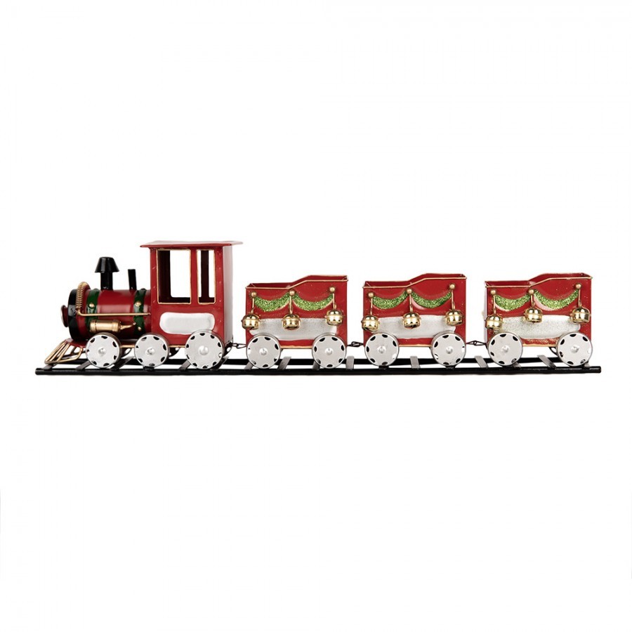 Červená kovová dekorace vláček na kolejích Christmas Train - 58*12*14 cm