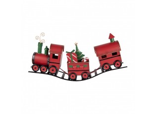 Červená kovová dekorace vláček na kolejích Christmas Train - 63*13*31 cm