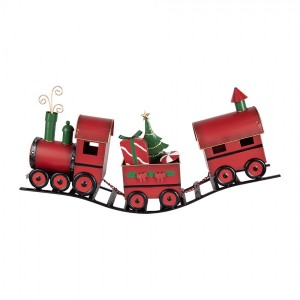 Červená kovová dekorace vláček na kolejích Christmas Train - 63*13*31 cm