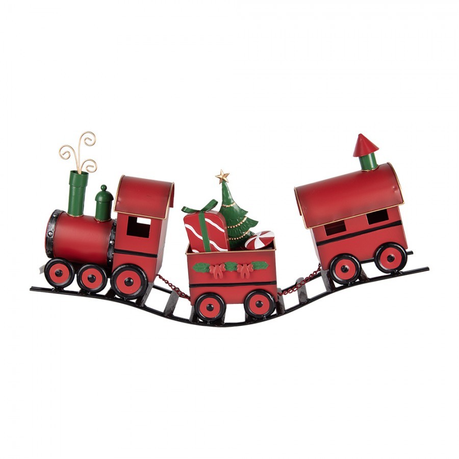 Červená kovová dekorace vláček na kolejích Christmas Train - 63*13*31 cm
