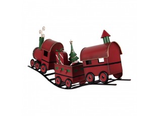 Červená kovová dekorace vláček na kolejích Christmas Train - 63*13*31 cm