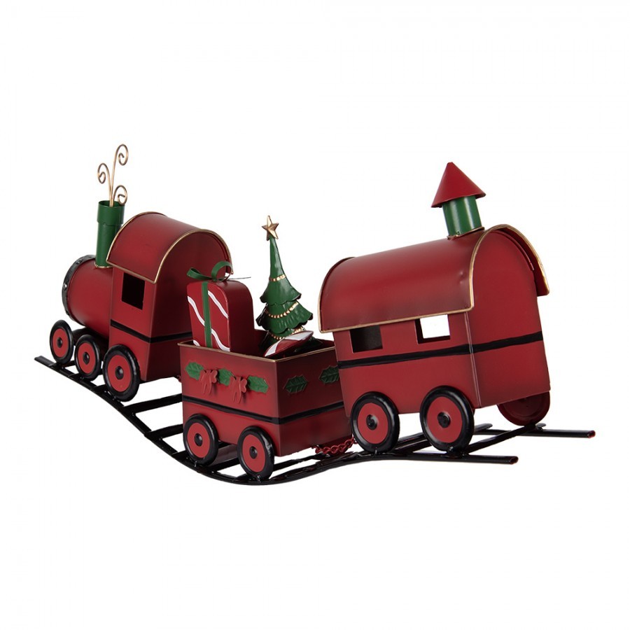Červená kovová dekorace vláček na kolejích Christmas Train - 63*13*31 cm