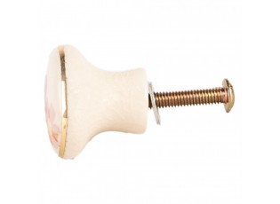 Béžová keramická knopka s růžovými květy - Ø 3*3 cm / S3 cm