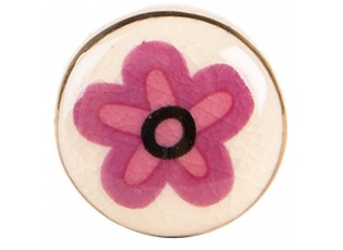 Béžová keramická knopka s růžovým květem - Ø 3*3 cm / S3 cm