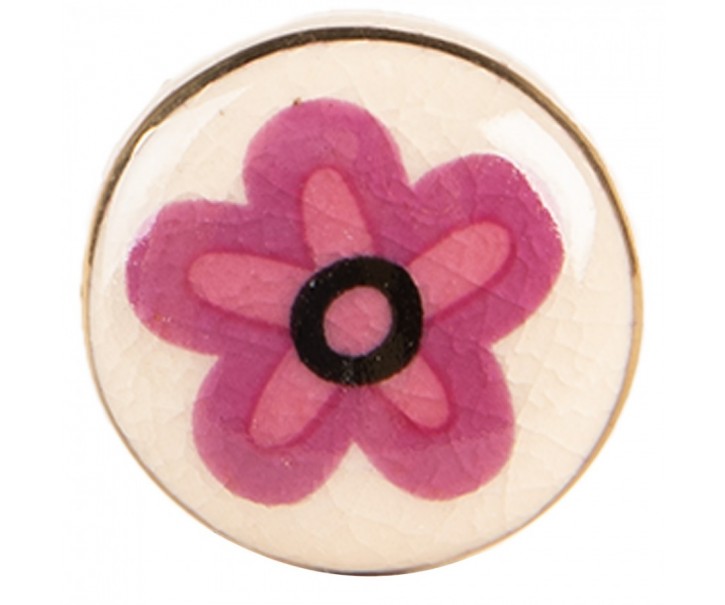 Béžová keramická knopka s růžovým květem - Ø 3*3 cm / S3 cm Clayre & Eef