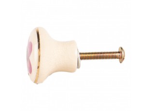 Béžová keramická knopka s růžovým květem - Ø 3*3 cm / S3 cm