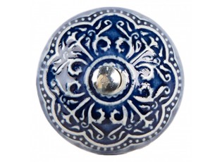 Modrá keramická knopka s ornamenty - Ø 4*3 cm / S3 cm