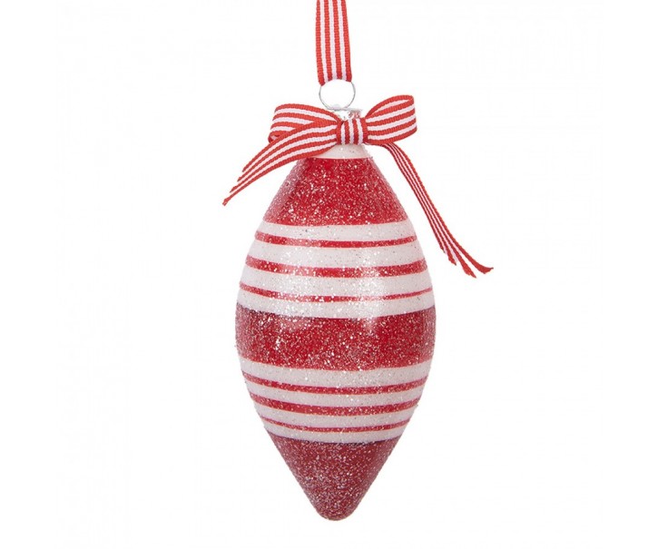 Červenobílá pruhovaná skleněná ozdoba špičatá baňka - Ø 6*12 cm Clayre & Eef