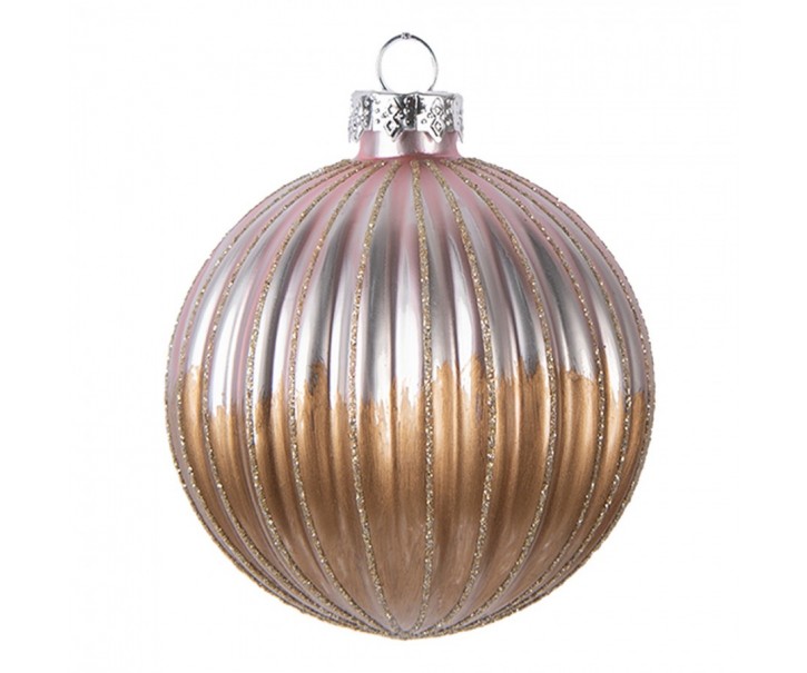Růžovohnědá skleněná vánoční ozdoba koule s vroubky - Ø 8*8 cm Clayre & Eef