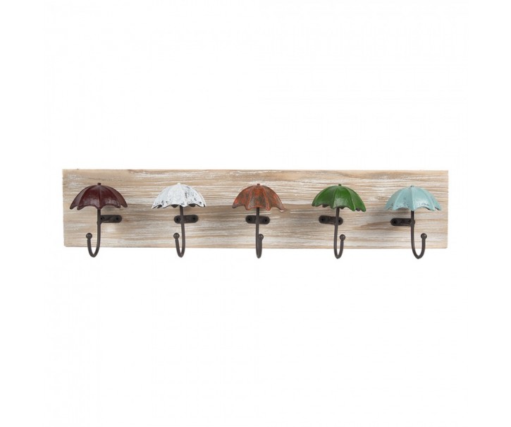 Dřevěný nástěnný věšák s 5ti háčky s deštníky Umbrella - 60*10*12 cm Clayre & Eef