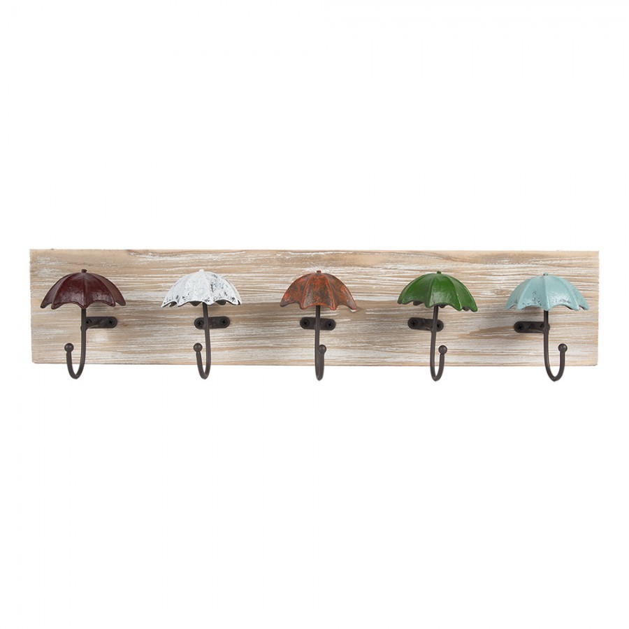 Dřevěný nástěnný věšák s 5ti háčky s deštníky Umbrella - 60*10*12 cm